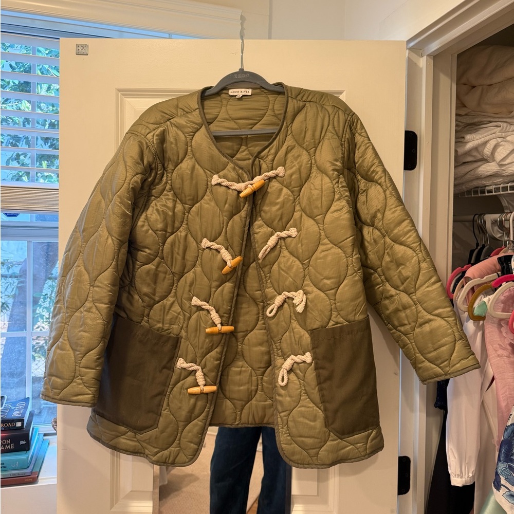 Moon River Olive Quilted Jacket with Toggle Closures